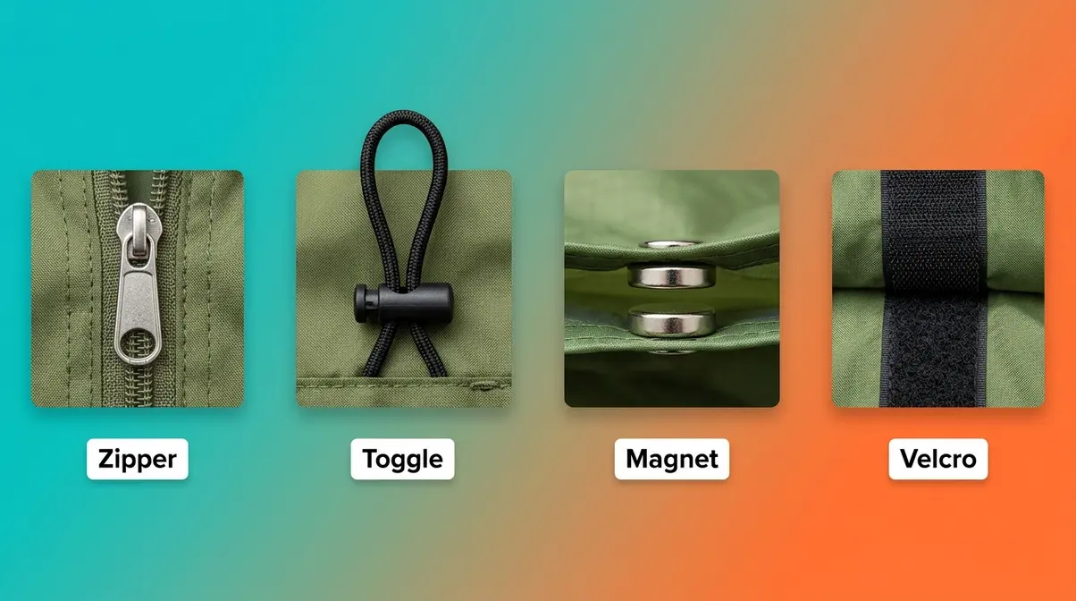 Side-by-side comparison of tent door closure types including zipper, toggle, Neodymium magnet, and Velcro