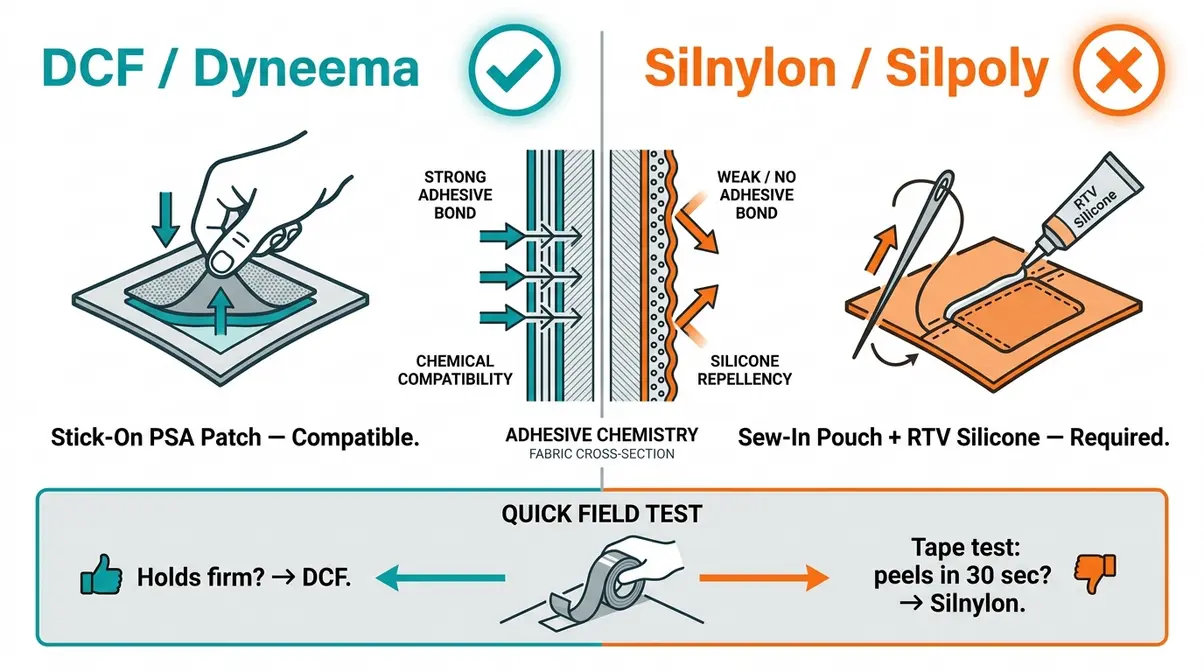 Fabric compatibility diagram comparing DCF and silnylon tent materials for stick-on versus sew-in tent door magnet security installation