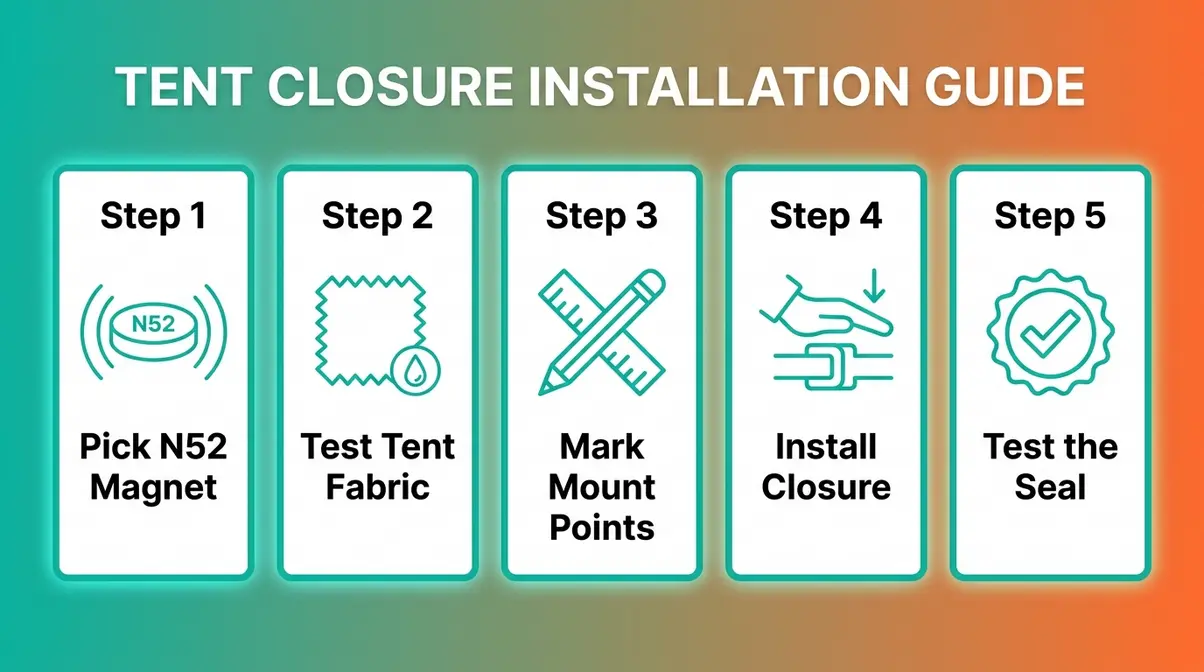 Step-by-step infographic showing how to install tent door magnet security closures on DCF fabric