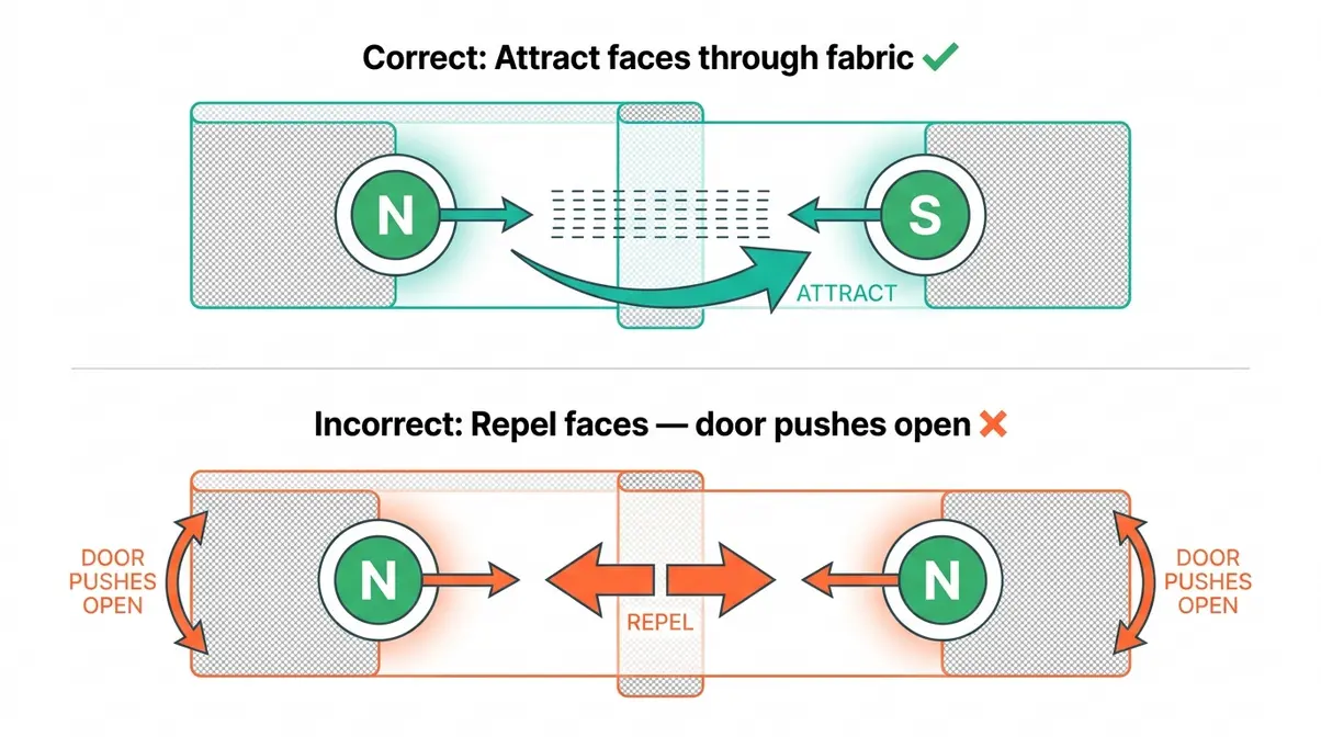 Diagram showing correct polarity alignment for tent door magnet pairs facing through overlapping fabric panels