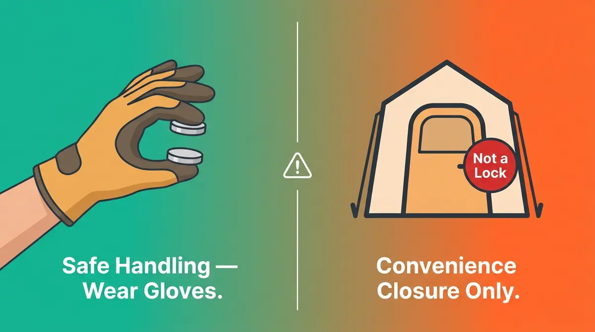 Safety diagram showing proper Neodymium magnet handling and tent door security limitations for campers