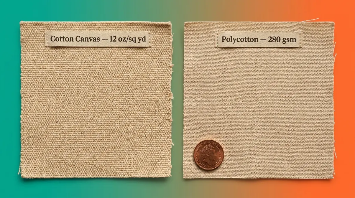 Cotton canvas and polycotton tent fabric panels showing natural fiber texture and weave structure