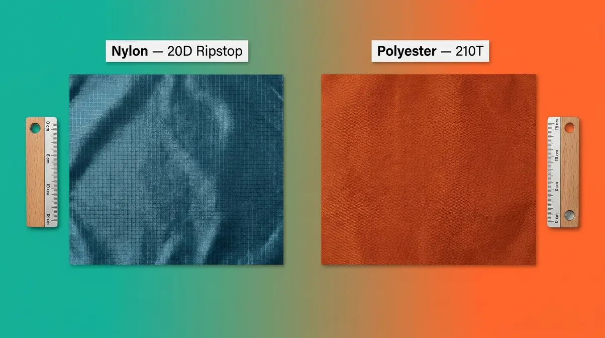 Side-by-side comparison of ripstop nylon and polyester tent fabric panels showing texture differences