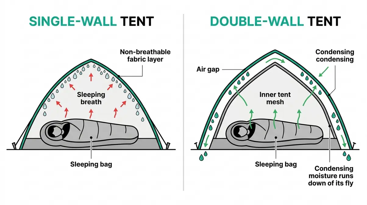 Diagram comparing single-wall and double-wall tent fabric construction showing condensation management paths