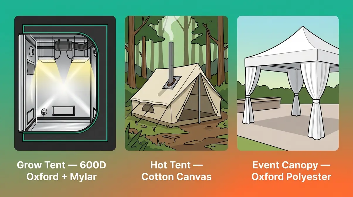 Three specialty tent fabric applications showing grow tent mylar lining, hot tent canvas, and event canopy polyester