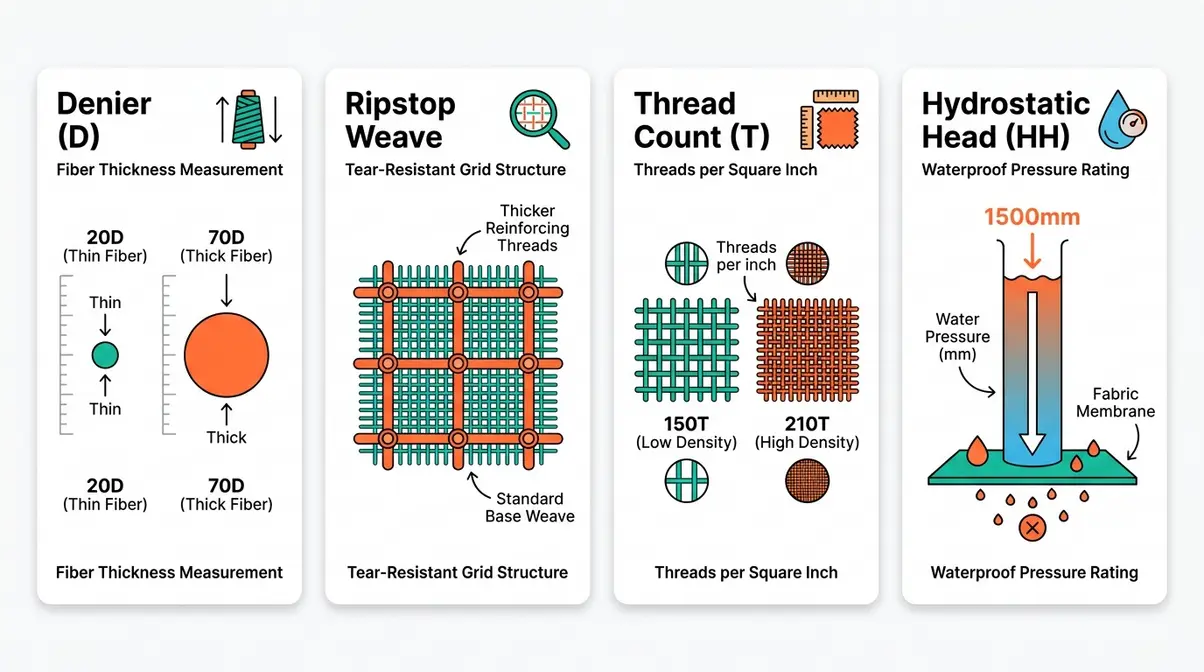 Illustrated glossary of tent fabric key terms including denier, ripstop weave, thread count, and hydrostatic head