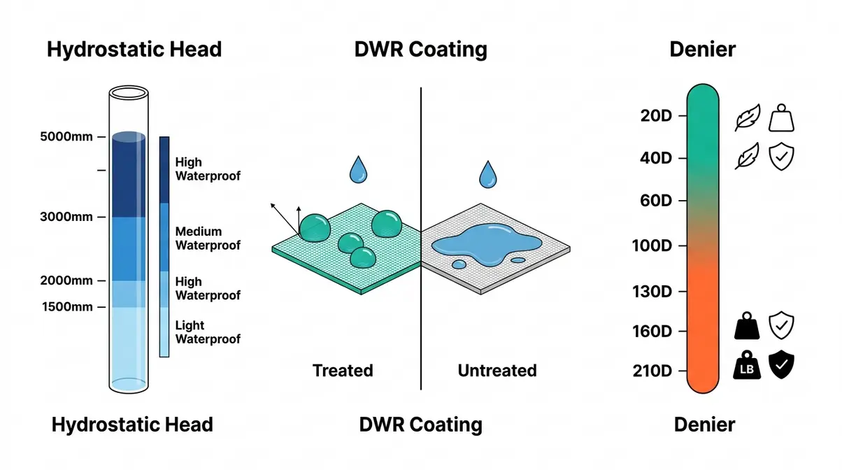 Visual guide to tent fabric performance ratings including hydrostatic head, DWR coating, and denier scale