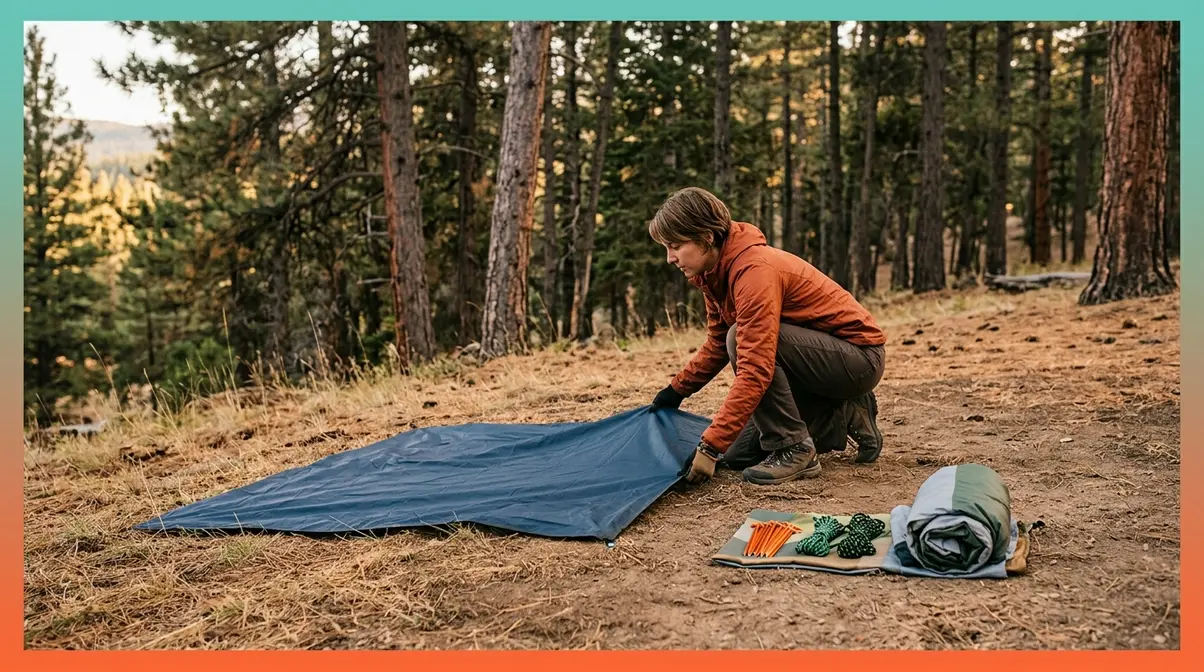 Camper laying out tent footprint on cleared level campsite ground before pitching