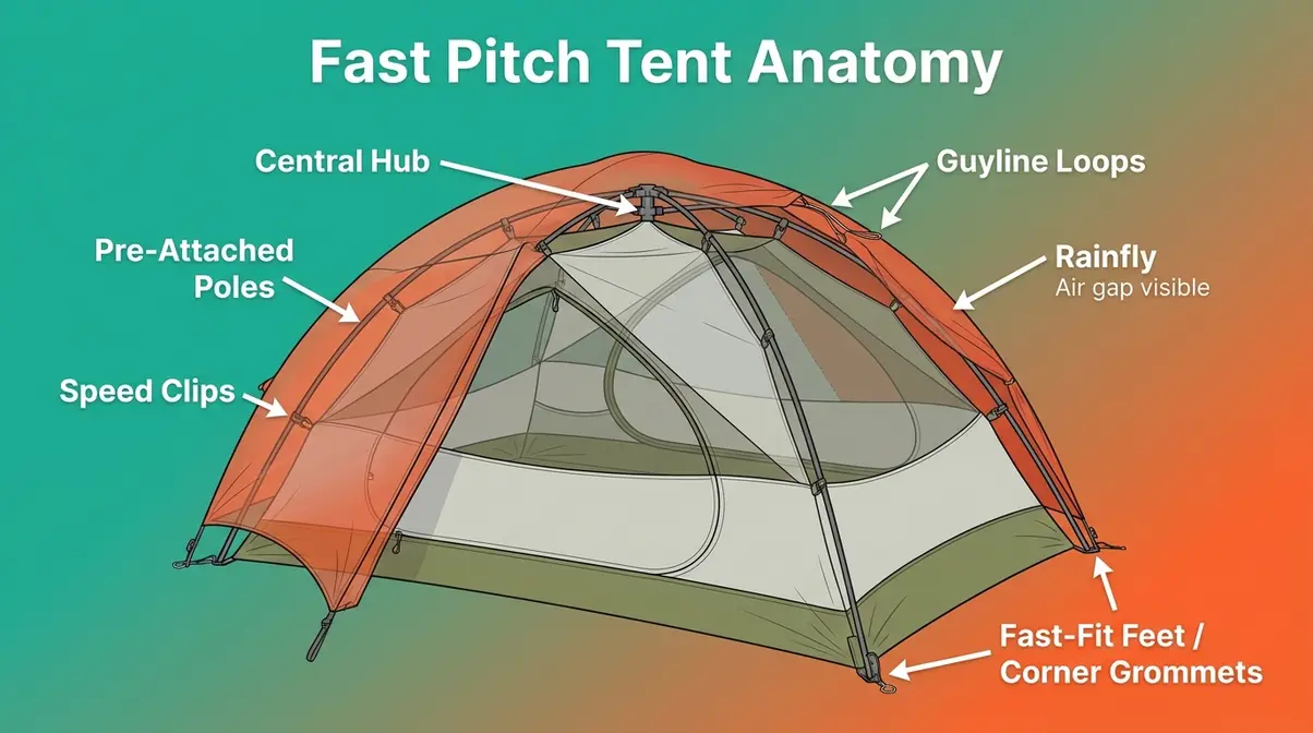 Labeled diagram of fast pitch tent anatomy showing central hub, pre-attached poles, speed clips, and fast-fit feet