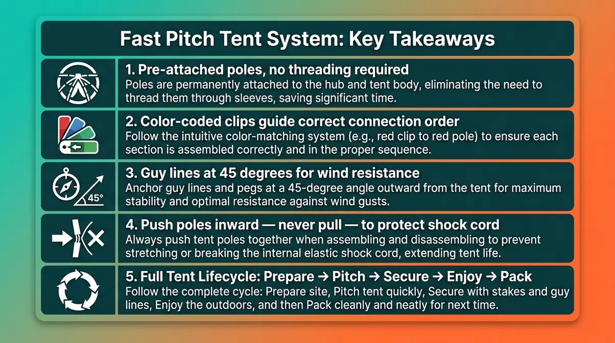 Key takeaways summary card for fast pitch tent system setup guide with five tips