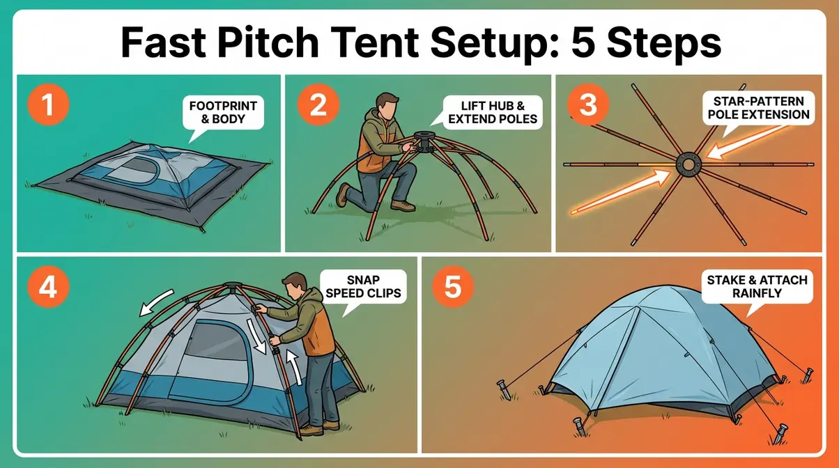 Step-by-step illustration of fast pitch tent setup from footprint placement to staking all corners