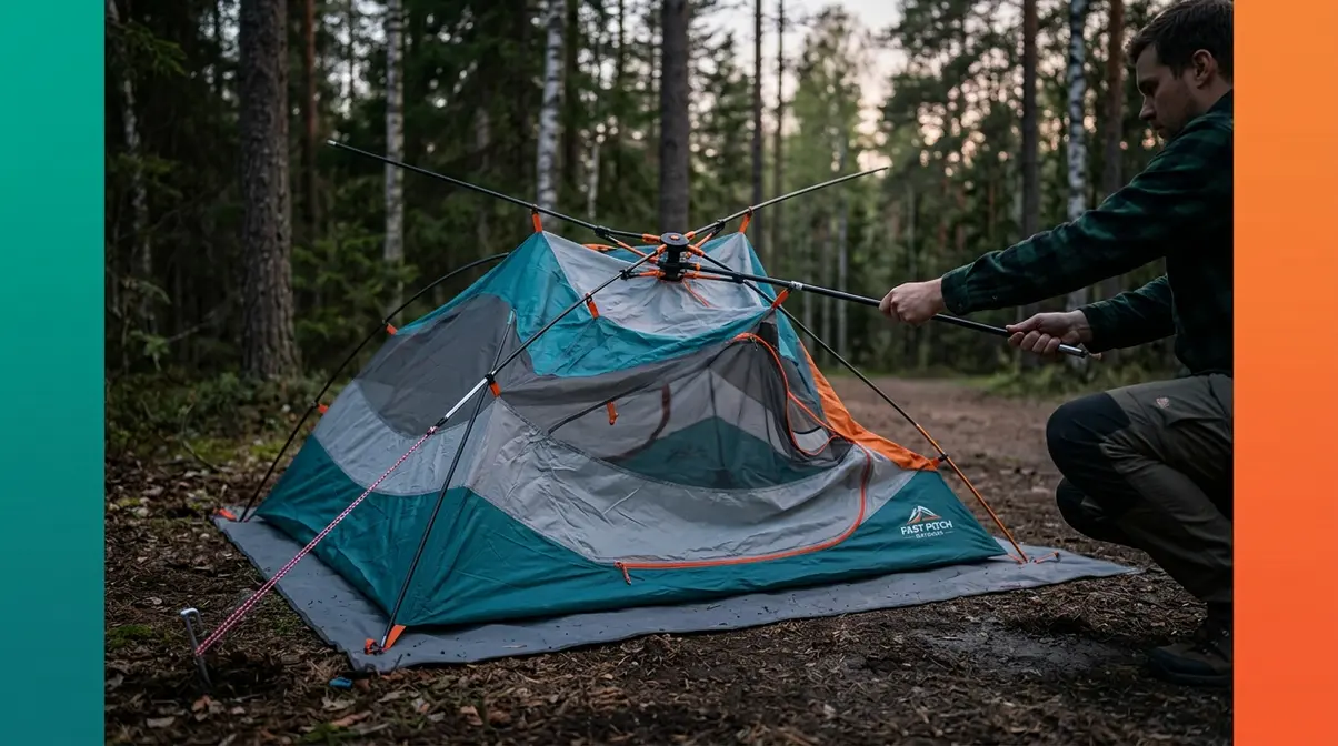 Fast pitch tent mid-setup with poles extending from central hub in star pattern on campsite