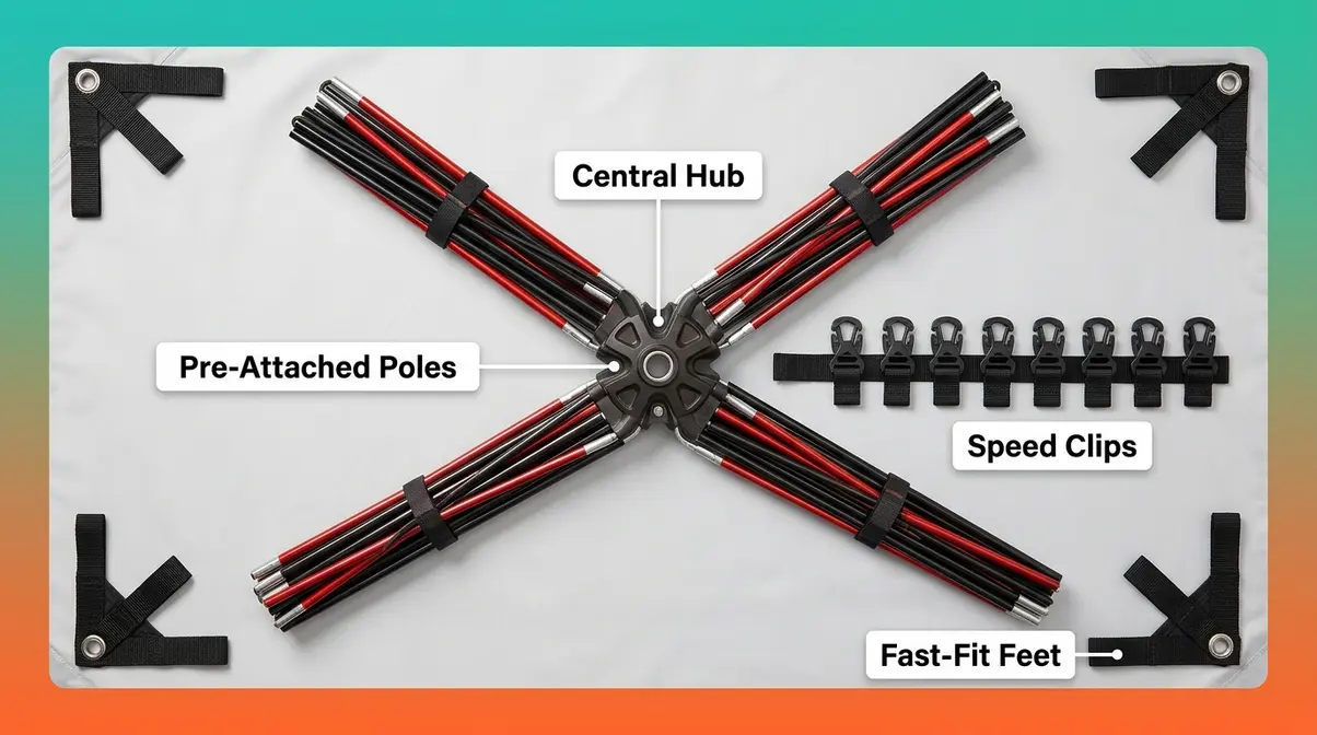 Fast pitch tent system components including central hub, pre-attached poles, speed clips, and corner grommets