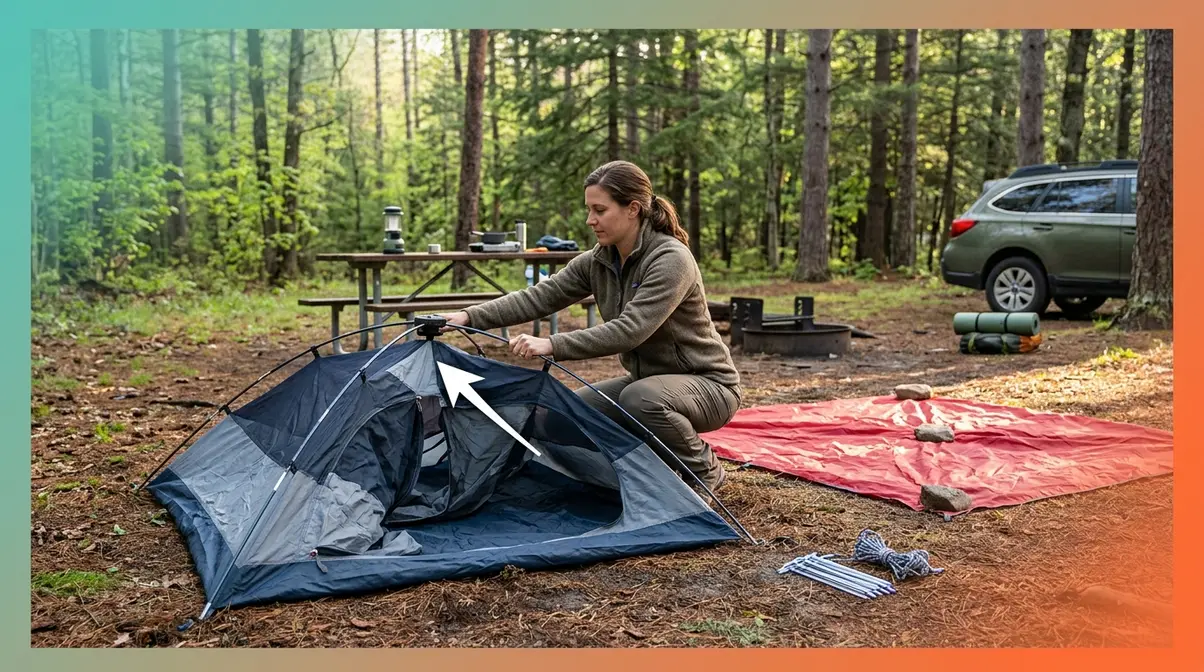 Camper pushing fast pitch tent poles inward toward central hub during five-step takedown process