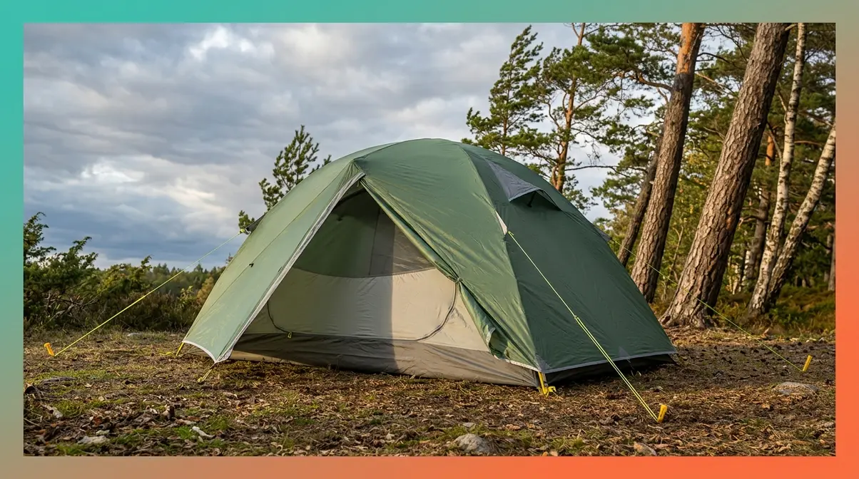 Fast pitch tent secured with guylines at 45-degree angles in windy forest campsite conditions
