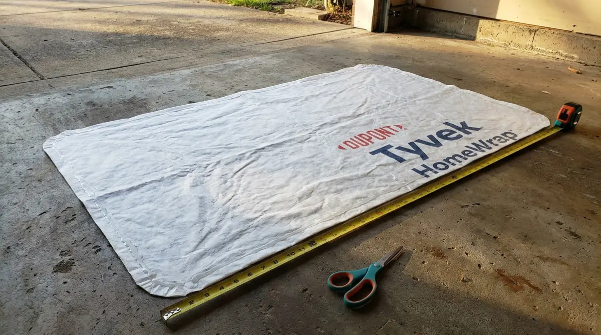 Completed DIY Tyvek tent footprint laid flat with trimmed edges and seam sealer applied along the perimeter
