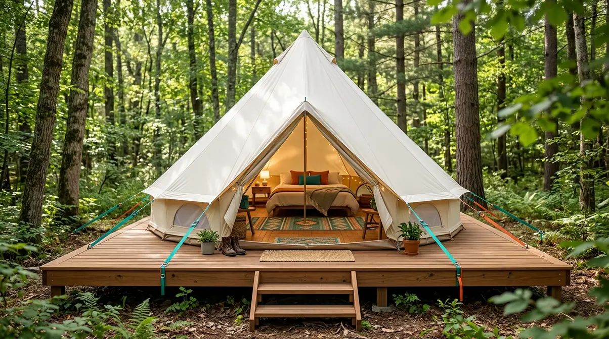 Glamping canvas bell tent on a raised wooden platform in a forest clearing showing elevated tent floor design for semi-permanent setups