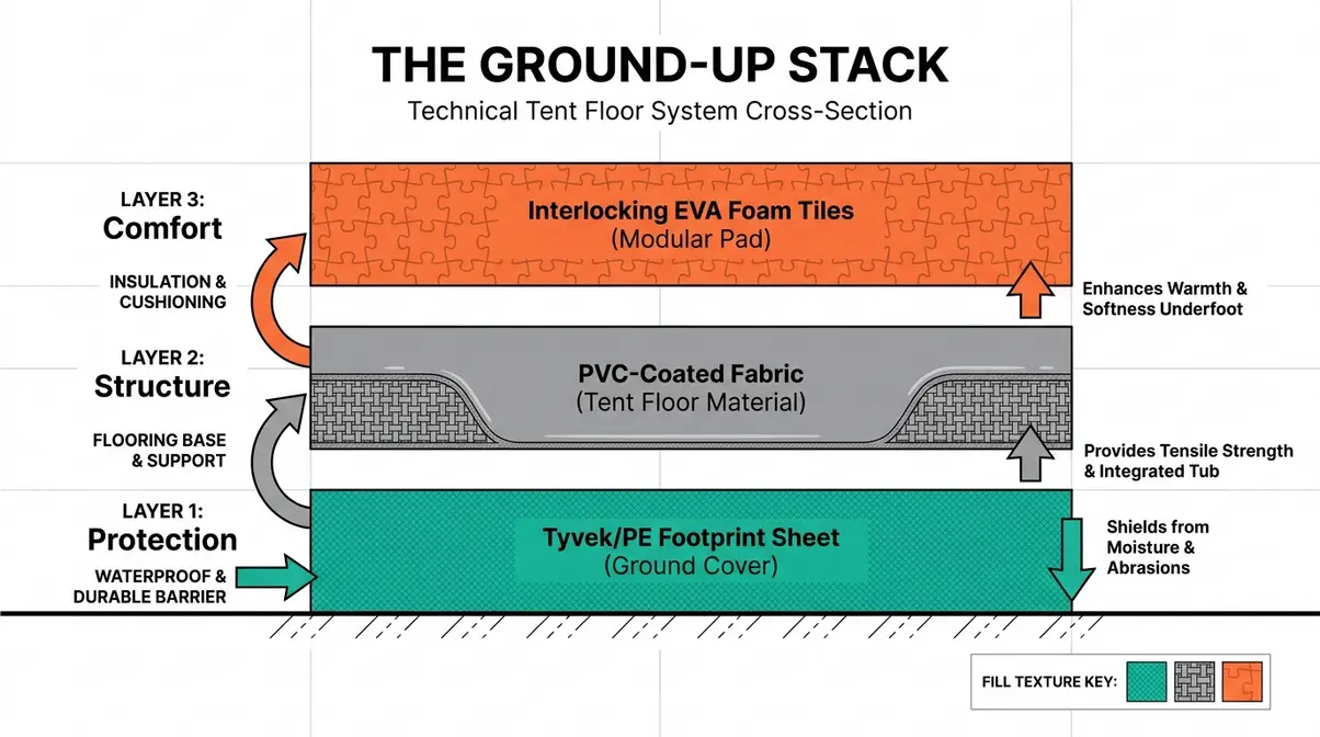 Cross-section diagram of the Ground-Up Stack showing three tent floor layers: footprint, tent floor material, and comfort layer