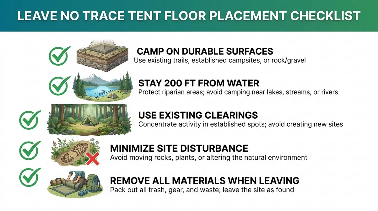 Illustrated Leave No Trace checklist for tent floor placement showing five site preparation principles for responsible camping