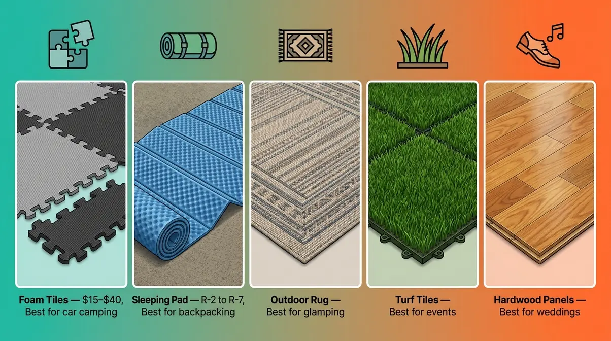 Side-by-side comparison of five tent floor comfort layer options: foam tiles, sleeping pads, outdoor rugs, turf tiles, and hardwood panels