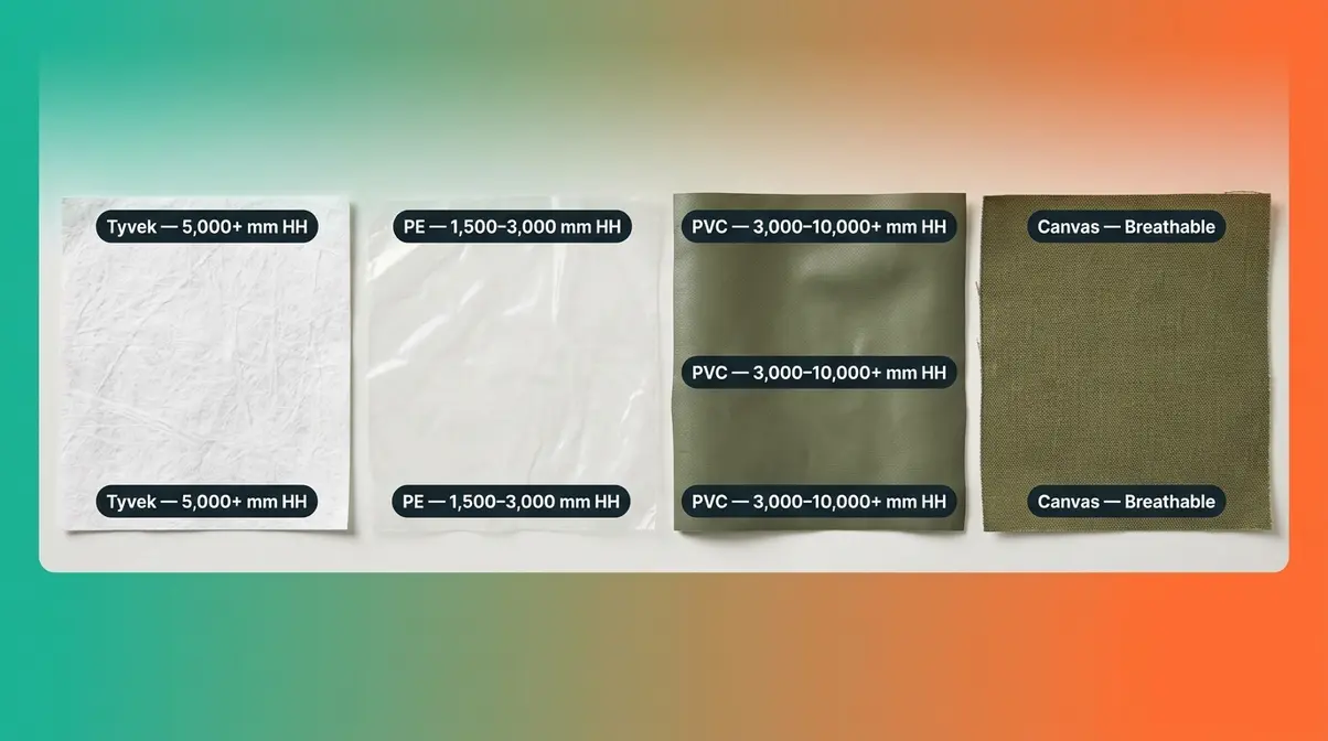 Four tent floor materials compared side by side: Tyvek, PE polyethylene, PVC-coated fabric, and canvas with hydrostatic head ratings