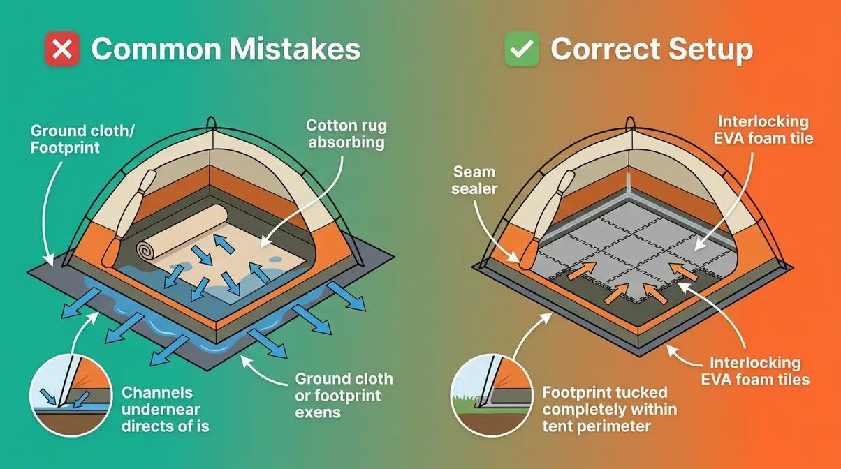 Split comparison showing common tent floor mistakes versus correct setup with properly sized footprint and sealed seams