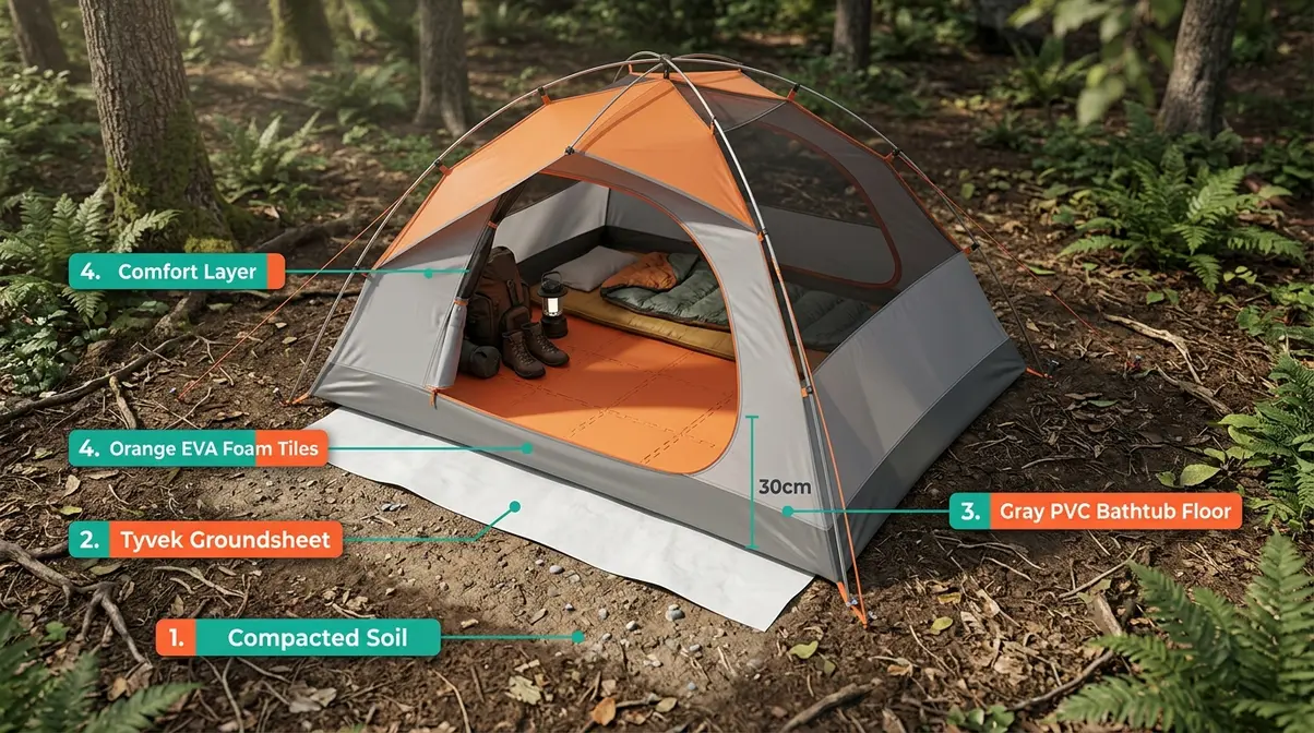 Cross-section of a tent floor system showing the three Ground-Up Stack layers: Tyvek footprint, bathtub floor, and foam comfort tiles