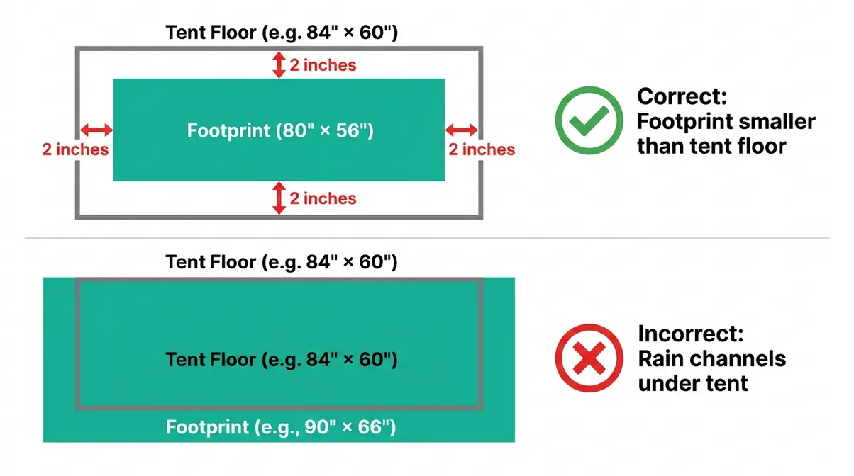 Diagram showing correct tent footprint sizing with 2-inch reduction on each side compared to tent floor dimensions