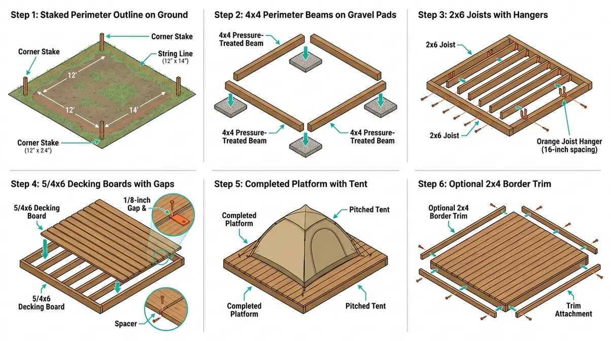 Step-by-step wooden tent platform construction diagram showing beams, joists, decking, and tent placement for glamping setups