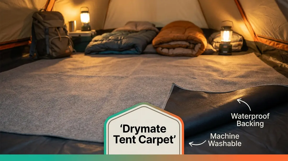 Drymate tent carpet mat with waterproof backing shown inside a family camping tent