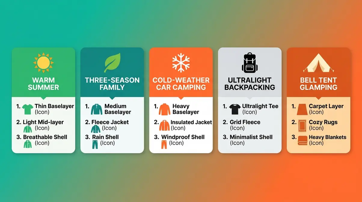 Five tent floor insulation layering recipes illustrated by camping temperature range from summer to winter