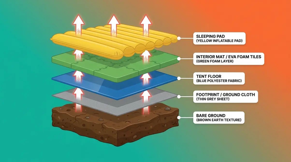 Tent floor mat layering diagram showing ground footprint tent mat and sleeping pad stacked in five layers