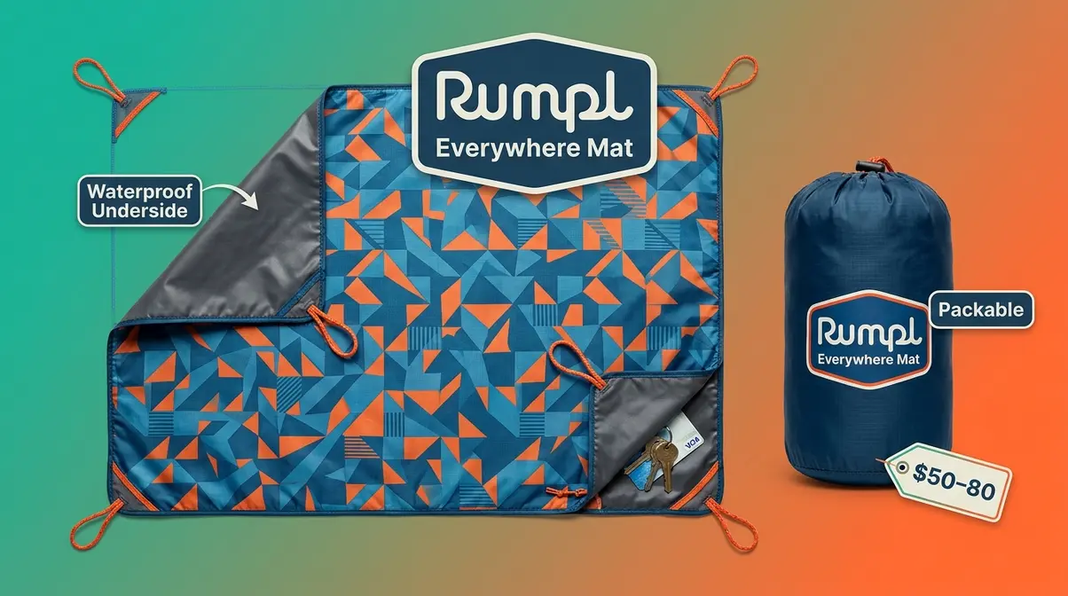 Rumpl Everywhere Mat packable waterproof outdoor mat with paracord corner loops and stuff sack