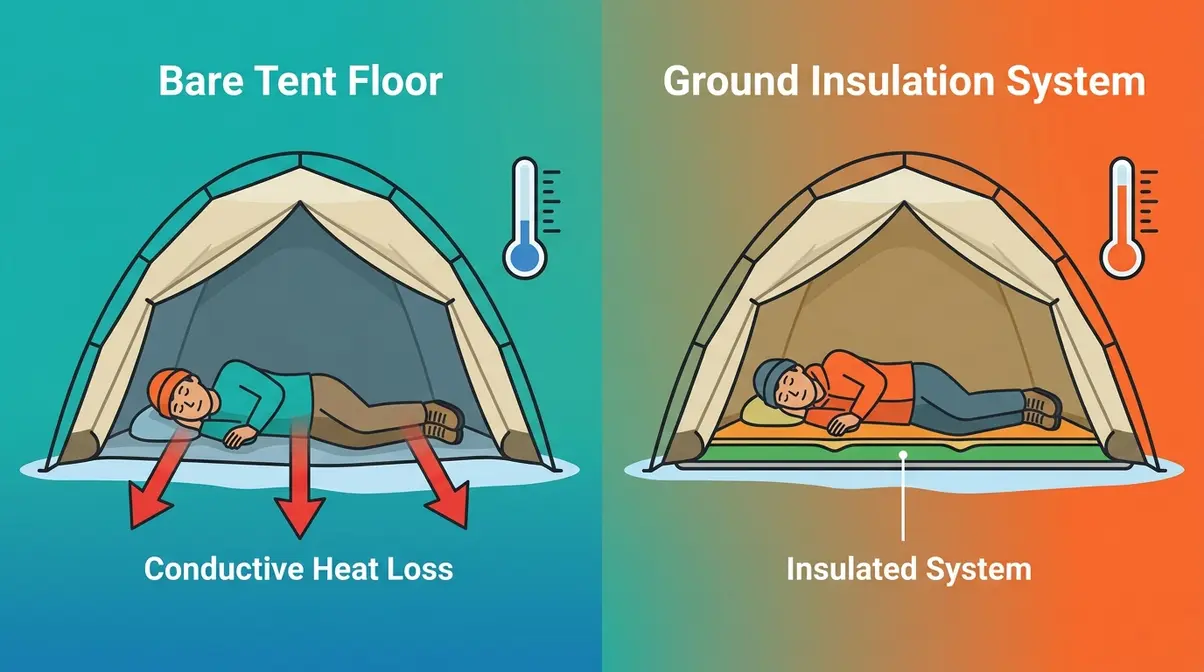 Split diagram showing heat loss through bare tent floor versus insulated tent floor mat layering system