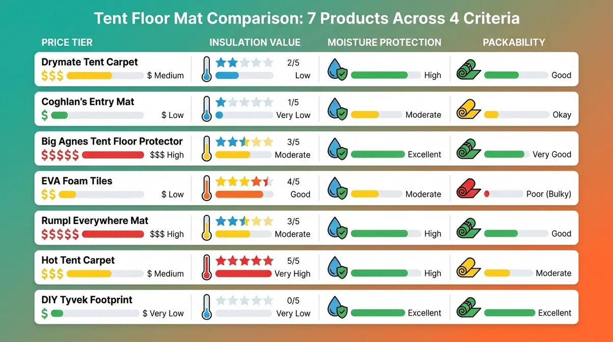 Infographic comparing top tent floor mats by price insulation moisture protection and packability