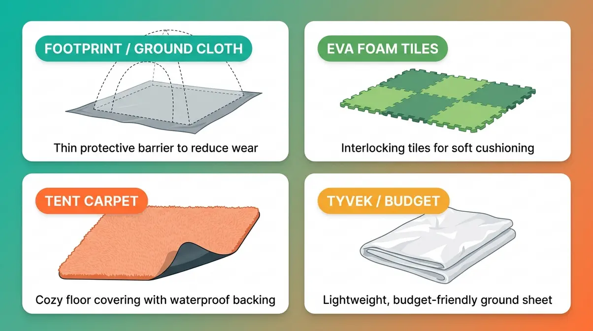 Four types of tent floor mats illustrated including footprint foam tiles tent carpet and Tyvek ground cloth