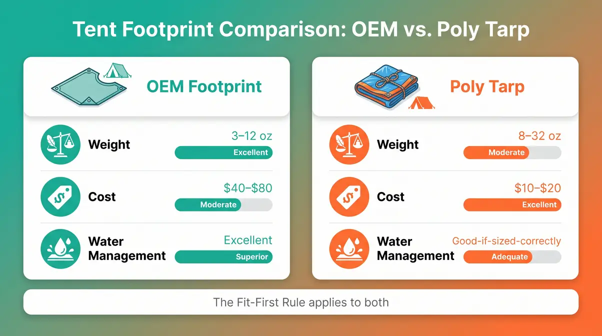 Tent footprint vs tarp infographic comparing weight, cost and water management ratings side by side