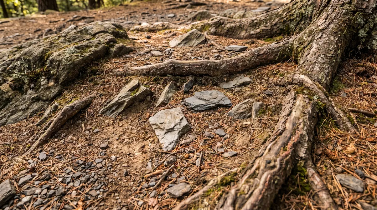 Rocky campsite ground with exposed roots and gravel showing tent floor abrasion hazards