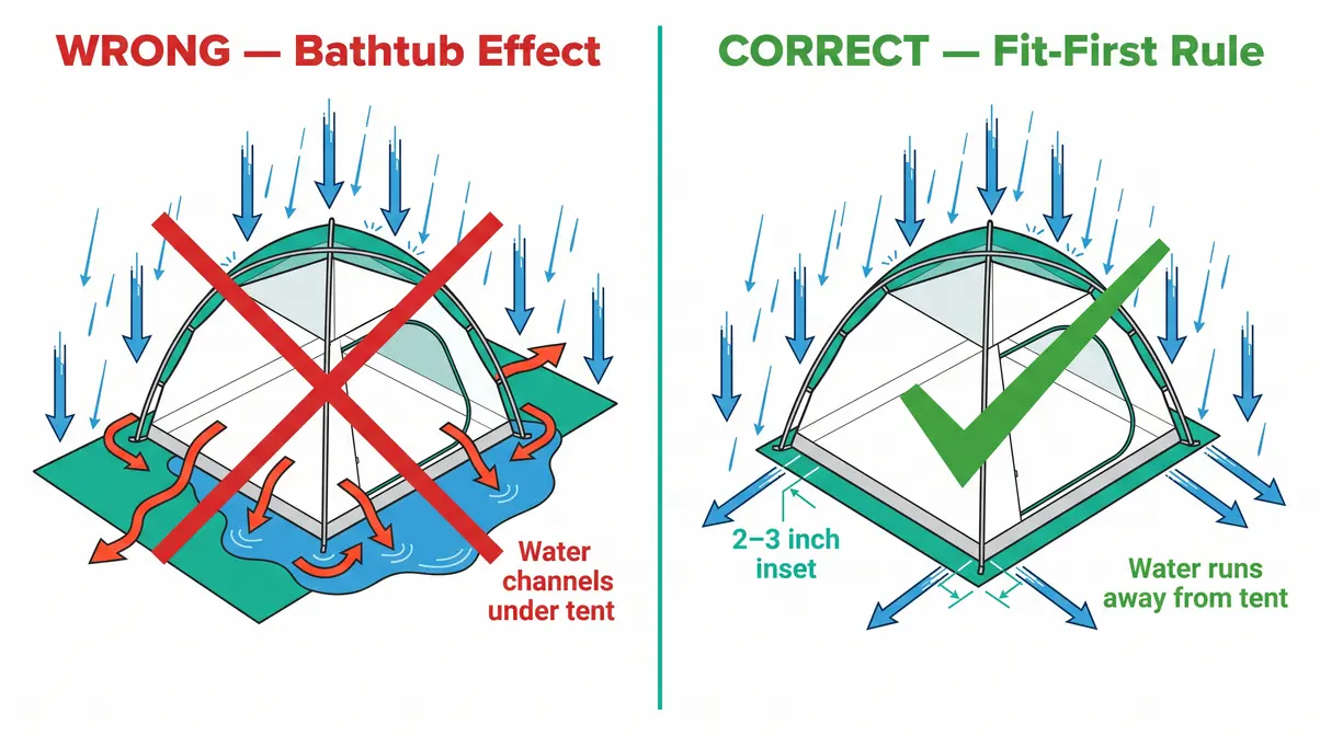 Diagram showing oversized tarp channelling rain under tent versus correctly sized tarp preventing water pooling
