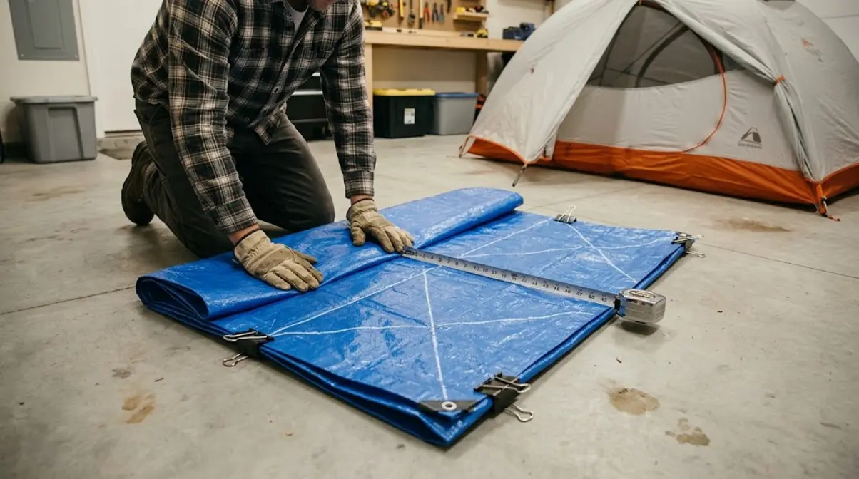 Person folding and sizing a poly tarp to use as a tent footprint with measuring tape