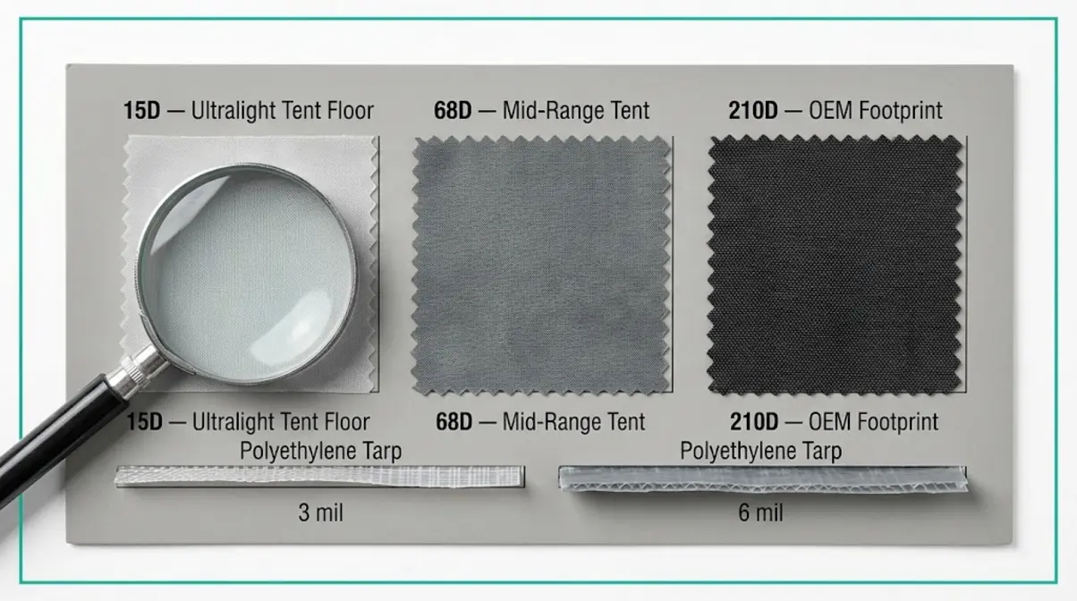 Tent fabric denier comparison swatches showing 15D ultralight, 68D mid-range and 210D footprint materials