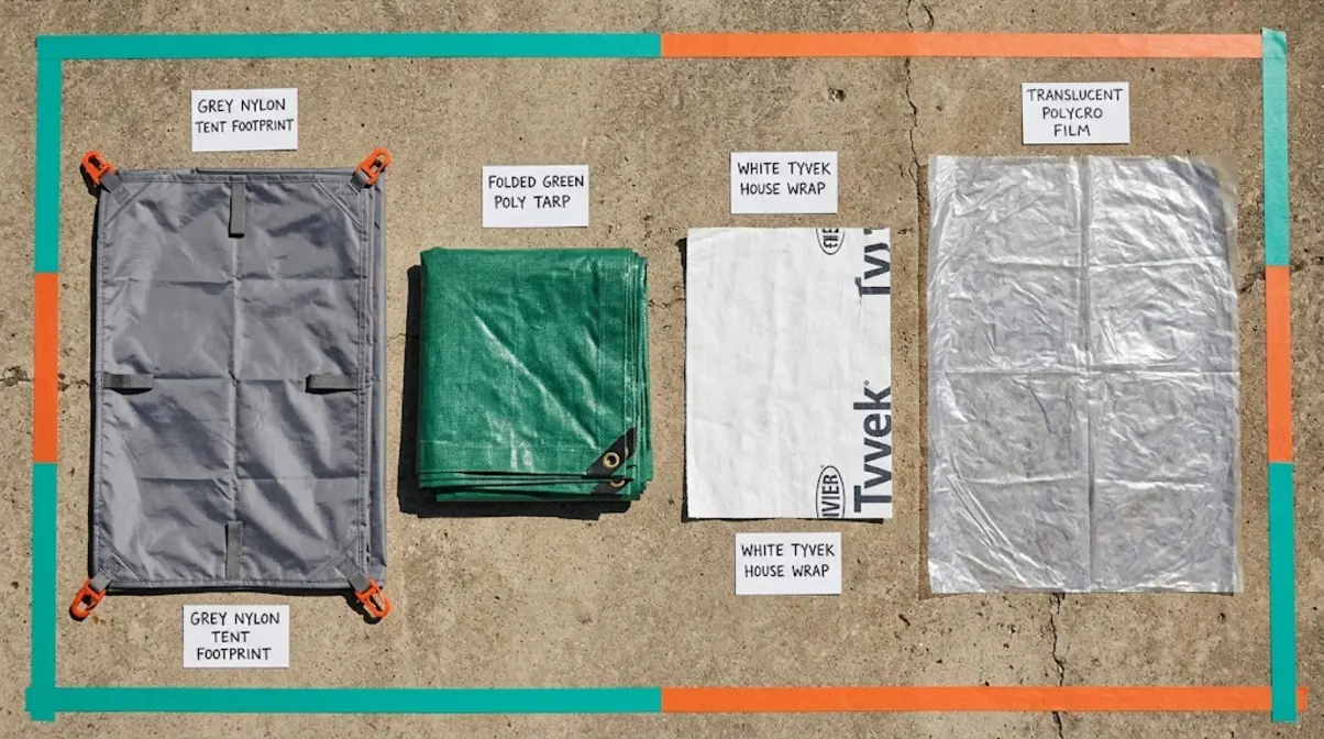 Four tent ground cover options laid flat: OEM footprint, poly tarp, Tyvek and Polycro compared