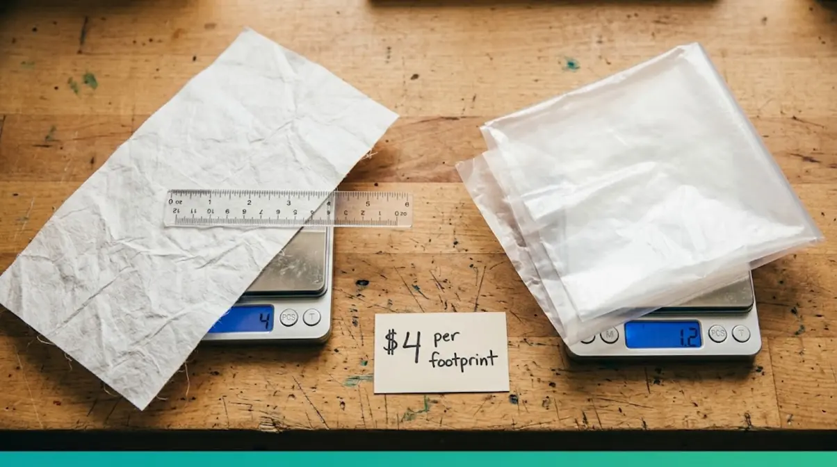 Tyvek and Polycro DIY tent footprint materials compared by weight and cost on a workbench