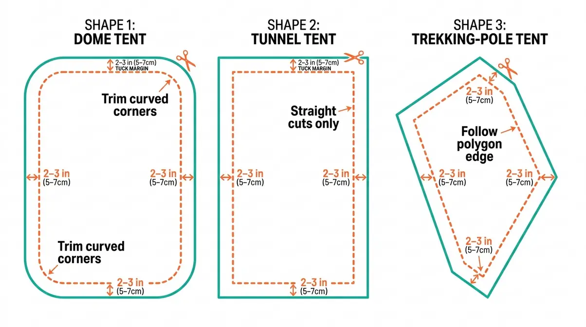 Step-by-step DIY tent groundsheet cutting diagram for dome, tunnel, and trekking-pole tent floor shapes