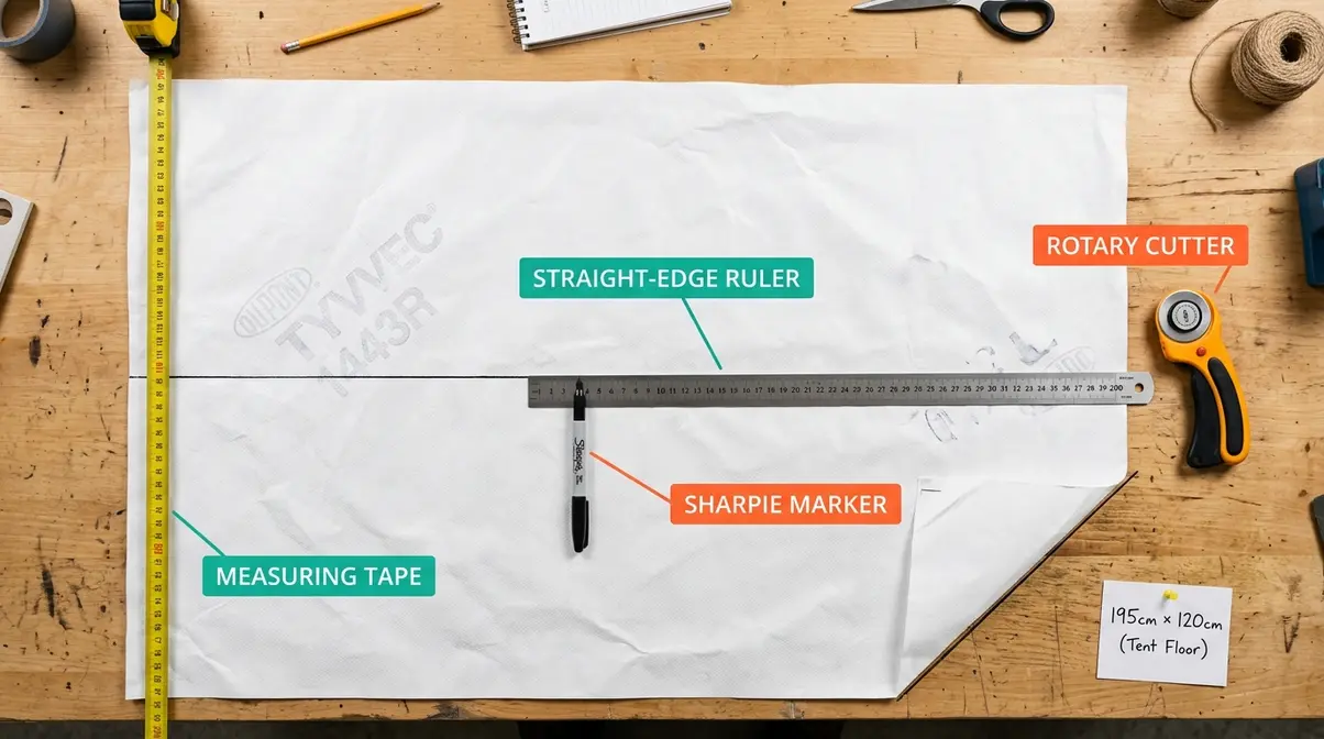 DIY Tyvek tent groundsheet being measured and cut with rotary cutter, ruler, and Sharpie on workshop table