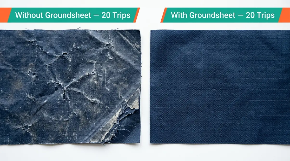 Comparison of tent floor fabric after twenty trips with and without a protective groundsheet showing wear difference