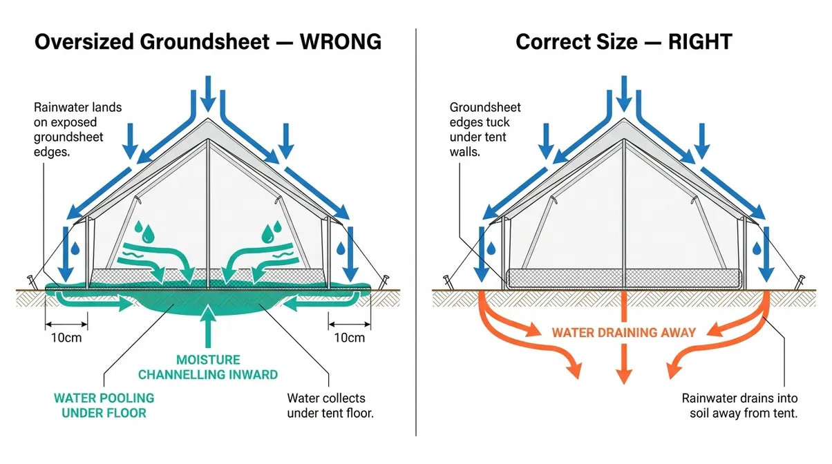 Diagram showing oversized tent groundsheet channelling rainwater under tent floor versus correctly sized groundsheet draining water away