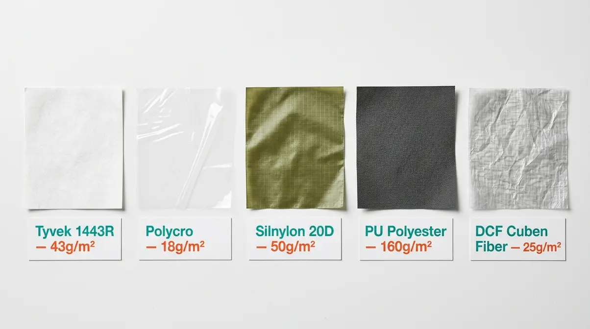 Five tent groundsheet material fabric swatches showing Tyvek, Polycro, Silnylon, PU polyester, and Cuben Fiber textures and weights