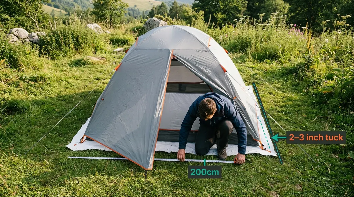 Person measuring tent floor dimensions with tape measure to size a tent groundsheet using The Tuck Rule