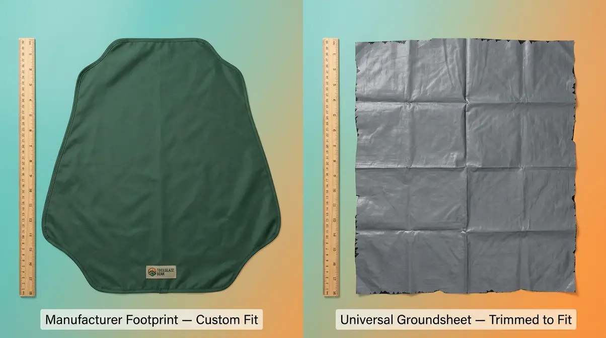 Side-by-side comparison of a custom tent footprint and a universal groundsheet tarp showing fit and size differences